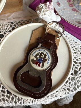 Vintage Leather Keychain Bottle Opener - “Breakfast of Champions” Emblem